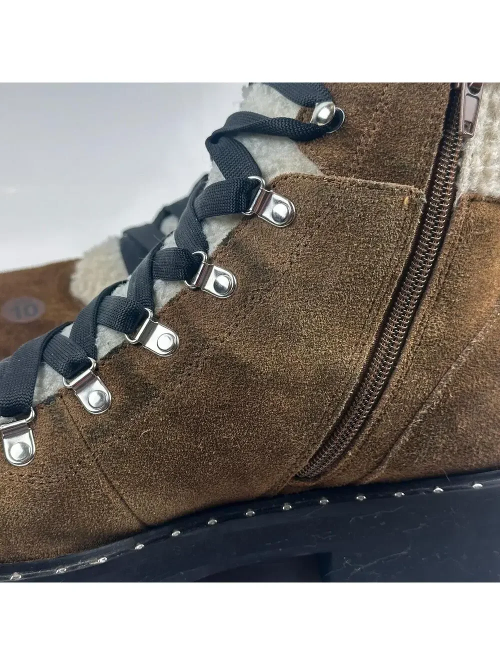 Steve Madden Receptive Hiking Boots Womens 10 BrownSuede Faux Fur Lug Sole Studs